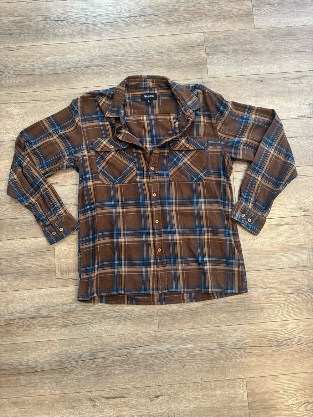 Brixton Brown Plaid Button-Down Shirt with Blue Stripes